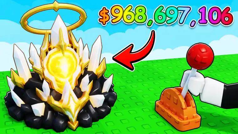 A glowing gold ore with a halo on a green plot, next to the red roll lever